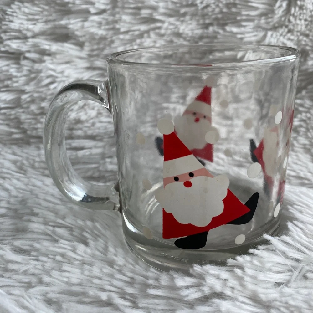 CRATE & BARREL Dancing Santas Glass Cocoa Coffee Mug